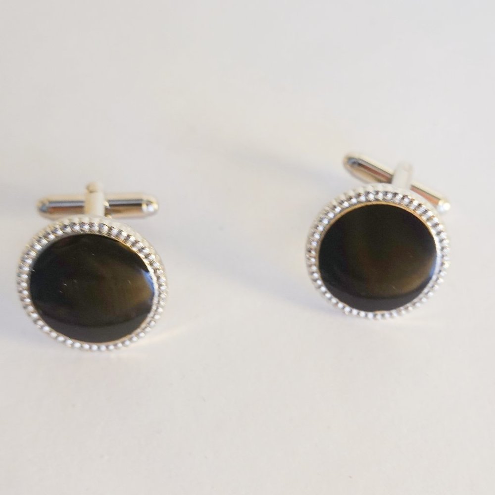 Vintage Silver Tone & Black Enamel Cufflinks
